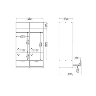 Technical drawing of the CHOICEWARDROBE Liston 2 Door Sliding Wardrobe (Concrete Effect Frame & White Panels with Drawers) displaying front and side views, labeled dimensions in mm and inches for shelves, hanging areas, and drawers.