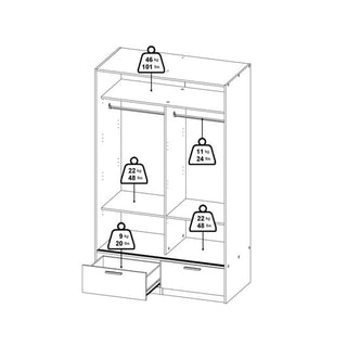 Black and white illustration of the CHOICEWARDROBE Liston 2 Door Sliding Wardrobe (Concrete Effect Frame & White Panels) with labeled weight limits: 46 lbs (top shelf), 22 lbs (upper rods/middle shelves), 11 lbs (side shelf), 9 lbs (drawers). Includes two drawers and multiple shelves.