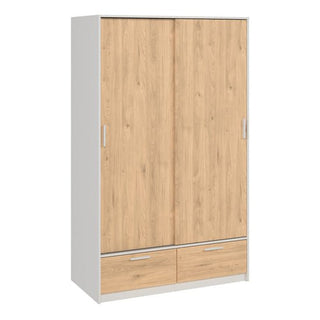 The CHOICEWARDROBE Liston 2 Door Sliding Wardrobe features an oak & white finish, smooth sliding doors, and two bottom drawers—an ideal compact modern storage solution for your bedroom.