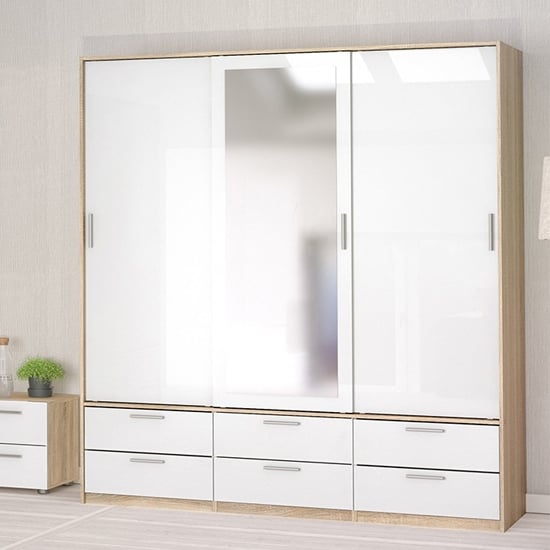 Line mirrored sliding wardrobe in oak and white gloss – angled bedroom view