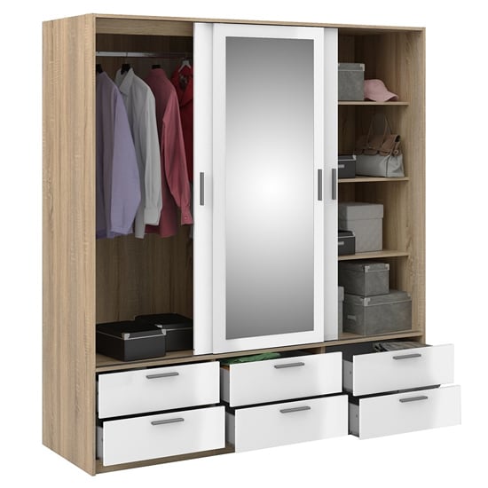 Line oak and white gloss 3 door sliding wardrobe – mirror and drawer detail