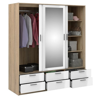 The CHOICEWARDROBE Liston Mirrored Sliding Door Wardrobe in oak & white gloss features 6 drawers below, shelves for bags and boxes on the right, and a hanging area for clothes on the left.