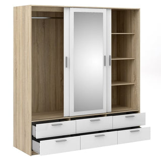 The CHOICEWARDROBE Liston Mirrored Sliding Door Wardrobe in oak & white gloss has open shelves on the right, hanging space on the left, and six white drawers at the bottom, two partially opened, providing generous storage.