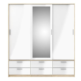 The CHOICEWARDROBE Liston Mirrored Sliding Door Wardrobe in oak and white gloss finish features three sliding doors, a large central mirror, and six bottom drawers with silver handles for ample storage.