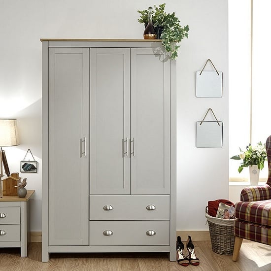 CHOICEWARDROBE Loftus grey oak 3-door wardrobe with two lower drawers.