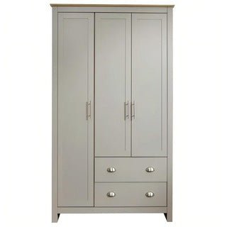 The CHOICEWARDROBE Loftus 3 Door Wooden Wardrobe in grey & oak features a classic panelled design, metal handles, and two lower drawers—combining modern style with practical storage.