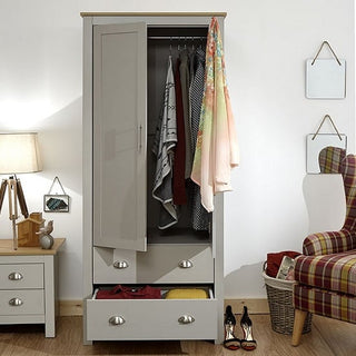 Interior of the CHOICEWARDROBE Loftus 79cm Wardrobe showing hanging rail, shelves, and lower storage drawers in grey & oak finish
