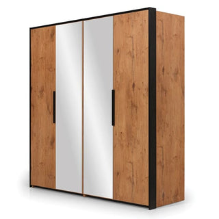 The CHOICEWARDROBE Logan 2 Door Mirrored Folding Wardrobe in Lancelot Oak (204cm) offers modern bedroom storage with drawers, hanging rails, and sleek mirrored doors for a stylish and functional touch.