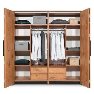 Open the CHOICEWARDROBE Logan 2 Door Mirrored Folding Wardrobe in Lancelot Oak: shirts hang on rails, storage boxes and folded clothes arranged on shelves, and drawers add efficient bedroom storage.