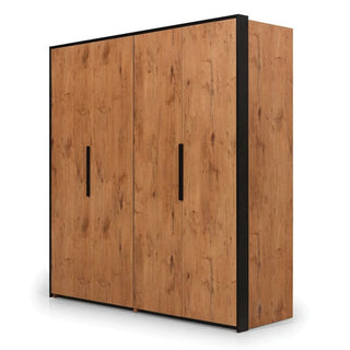 The CHOICEWARDROBE Logan 204cm 2 Door Folding Wardrobe in Lancelot Oak finish offers ample storage with black accents, shelves, and a hanging rail, blending style and function for your bedroom.