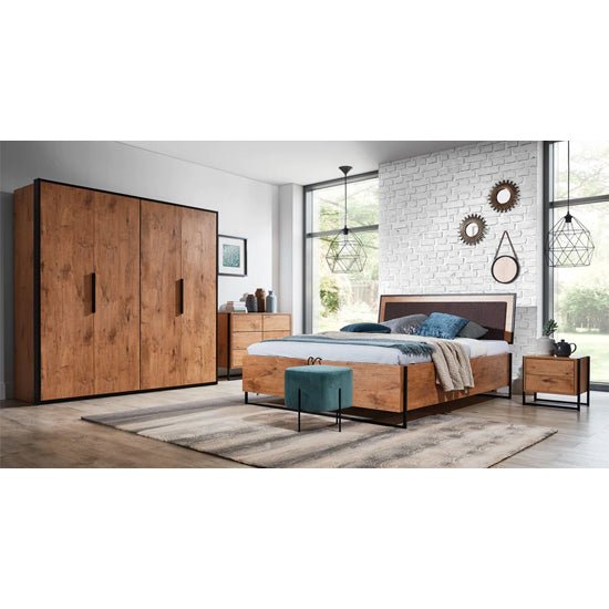 CHOICEWARDROBE Logan 204cm 2 door folding wardrobe in Lancelot Oak with black accents.