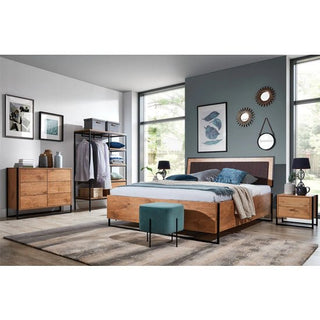 Modern bedroom with a large bed, wooden nightstand and dresser, teal ottoman, wall art with mirrors and pictures, and the CHOICEWARDROBE Logan Open Wardrobe in Lancelot Oak & Black Metal for an industrial touch. Large windows provide natural light.