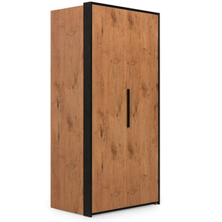A CHOICEWARDROBE Logan Right-Side 1 Door Folding Wardrobe in Lancelot Oak with black frame and industrial modern design stands upright against a white background, featuring ample hanging storage.