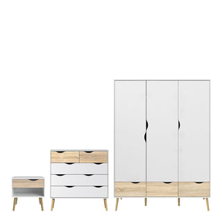 The CHOICEWARDROBE Lorma 3 Piece Bedroom Set, featuring a white & oak 3-door wardrobe, chest of drawers, and bedside table, is arranged side by side against a white background.