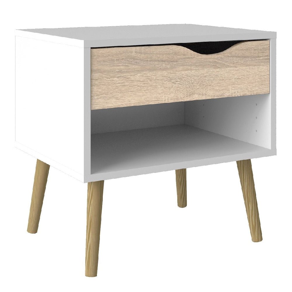 White and oak Scandinavian-style bedside table with one drawer and open shelf