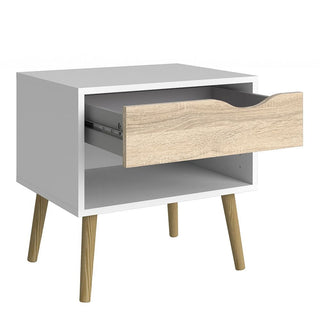 The CHOICEWARDROBE Lorma bedside table, part of a 3-piece set in white and oak, features four angled wooden legs, a white rectangular frame, and a single light oak drawer above an open shelf.