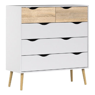 The CHOICEWARDROBE Lorma 3 Piece Bedroom Set includes a 3-door wardrobe, chest of drawers, and bedside table in a stylish white and oak finish, featuring curved cut-out handles for a touch of Scandinavian style.