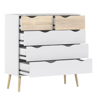 The CHOICEWARDROBE Lorma 3 Piece Bedroom Furniture Set includes a white and oak chest of drawers with four drawers—two with light oak fronts, two plain white—all partially open, epitomizing Scandinavian design.