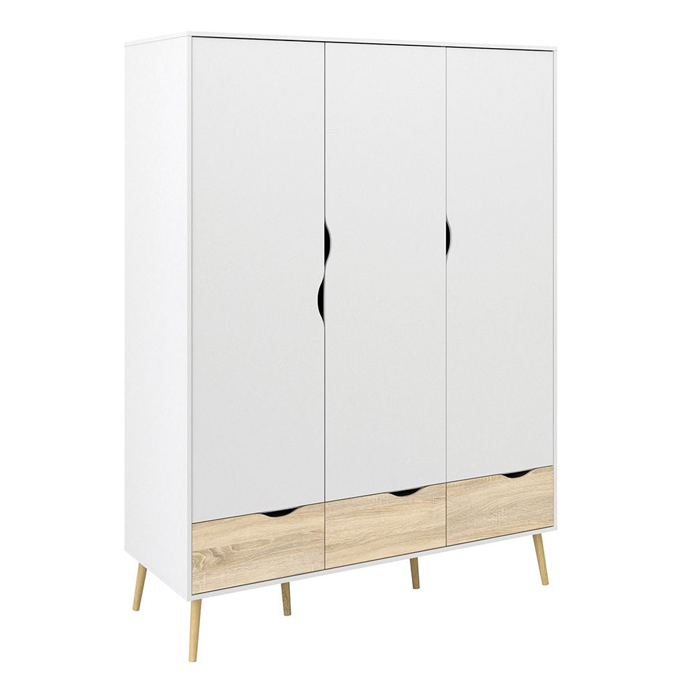 White and oak 3-door wardrobe with drawers and cut-out handles on wooden legs