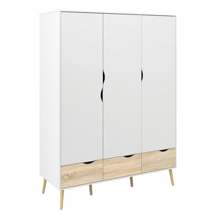 The CHOICEWARDROBE Lorma 3 Piece Bedroom Set includes a white and oak 3-door wardrobe with wooden legs, curved cut-out handles, two lower drawers, and a minimalist design—ideal for Scandinavian-style bedrooms.