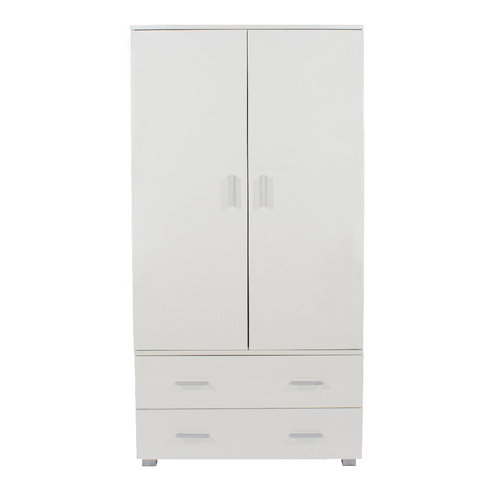 White wooden wardrobe with two doors and two drawers