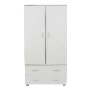 The CHOICEWARDROBE Lufkin 80cm White Wooden Wardrobe features two doors and two drawers, offering compact modern storage for bedrooms and guest rooms with a clean, practical design.
