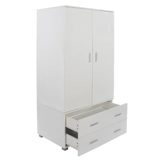 The CHOICEWARDROBE Lufkin 80cm White Wooden Wardrobe features two doors and two spacious drawers. With modern straight lines and silver handles, it’s ideal as a compact bedroom or guest room storage solution.