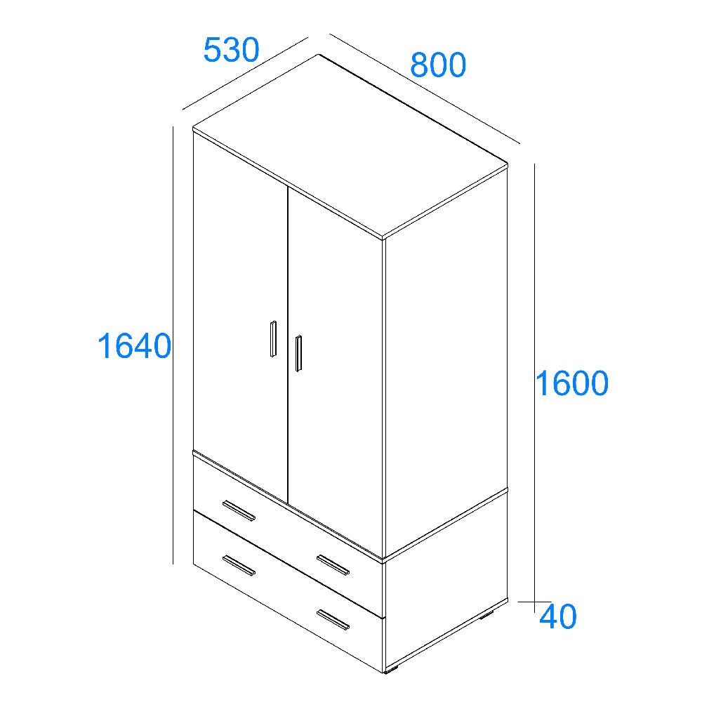 Isometric line drawing of an 80cm white two-door, two-drawer wardrobe. Dimensions 160cm H x 80cm W x 53cm D.