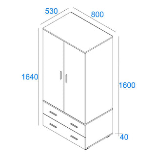 Isometric line drawing of the CHOICEWARDROBE Lufkin 80cm White Wooden Wardrobe—2 doors, 2 drawers. Compact modern storage for bedroom or guest room. Dimensions: 1640mm H x 800mm W x 530mm D, includes sections of 1600mm and 40mm in height.
