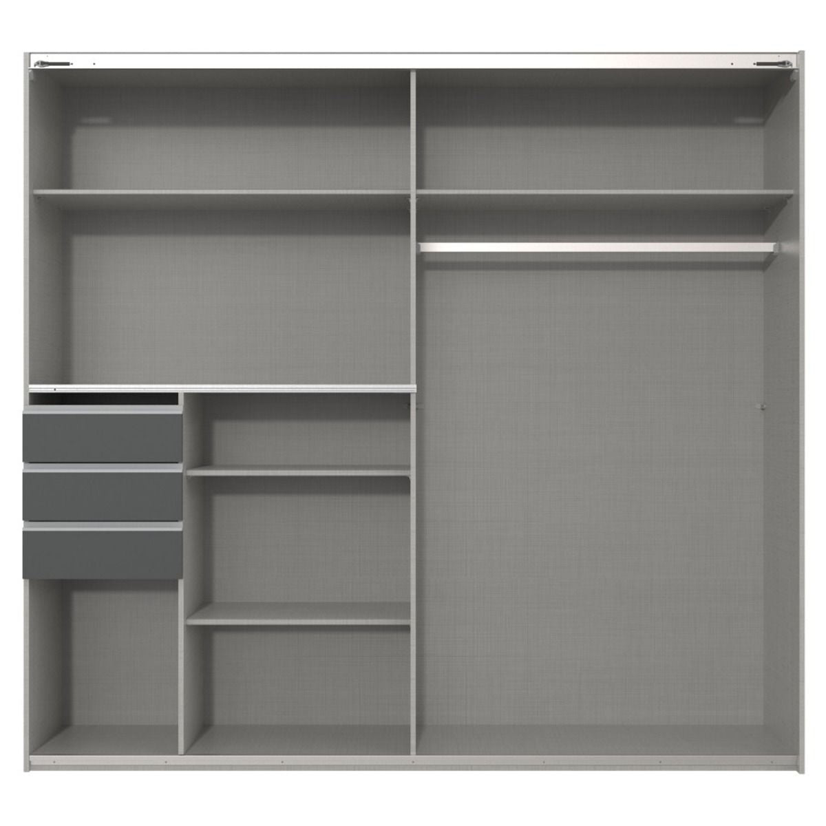 ChoiceWardrobe Luxen sliding wardrobe interior layout with drawers and shelves in white gloss
