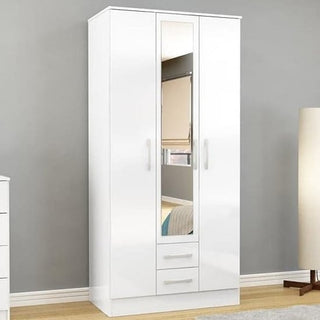 ChoiceWardrobe Lynn 132cm 3 Door White High Gloss Mirrored Wardrobe with drawers, displayed in a modern bedroom.