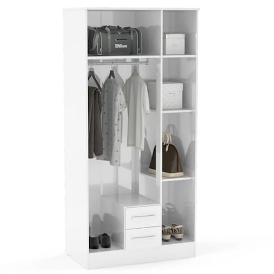 Interior of CHOICEWARDROBE Lynn 132cm white high gloss wardrobe, showing hanging rail, shelves, and two drawers.
