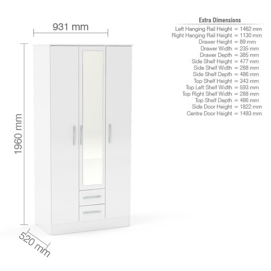 White 3-door mirrored wardrobe with drawers - dimensions diagram