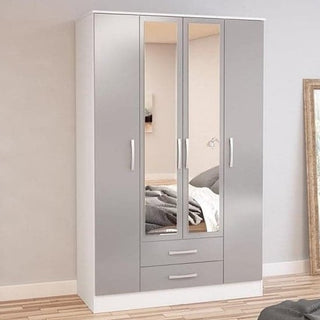 ChoiceWardrobe Lynn 132cm 4 Door Grey & White High Gloss Mirrored Wardrobe with drawers and hanging rails, styled in a modern bedroom.