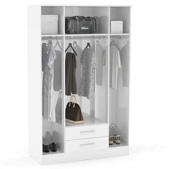 Grey & White High Gloss 4 Door Wardrobe interior with hanging rail, shelf and drawers