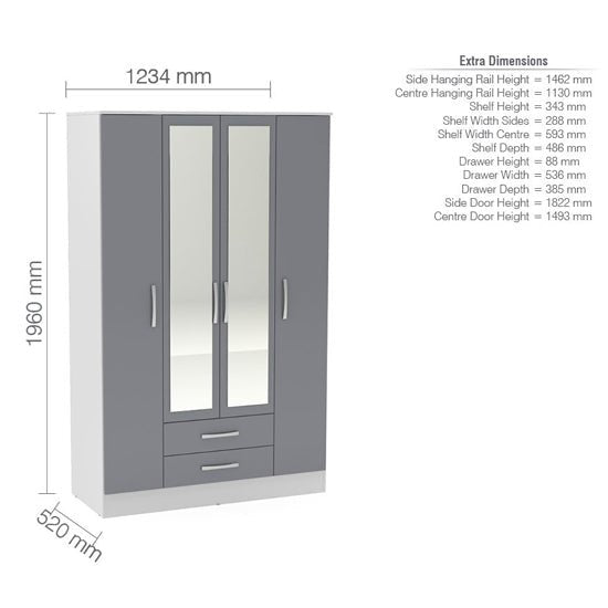 Grey and white 4-door mirrored wardrobe dimension diagram with 1960mm height, 1234mm width, 520mm depth.