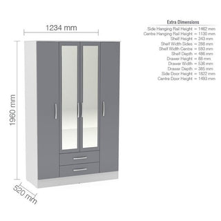 Dimension diagram for ChoiceWardrobe Lynn 132cm 4 Door Grey & White High Gloss Wardrobe with full measurements for compact bedroom fitting.