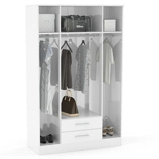 Interior layout of Lynn 132cm Grey & White High Gloss 4 Door Mirrored Wardrobe showing shelves, drawers, and hanging rail compartments.