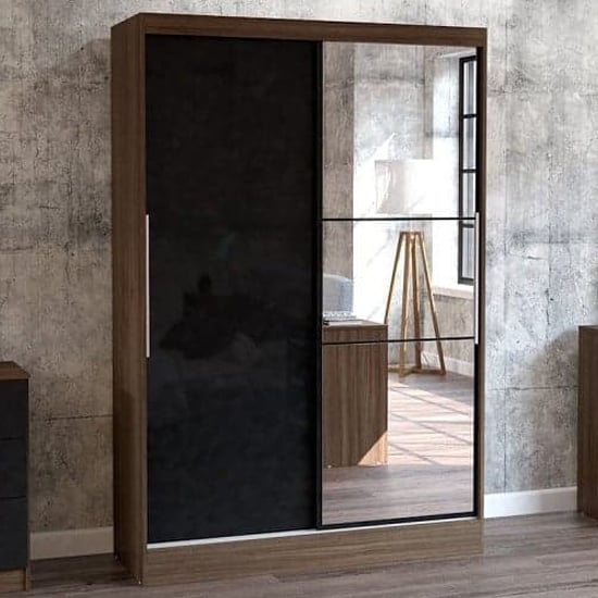 CHOICEWARDROBE Lynn 133cm walnut and black high gloss sliding door wardrobe with one mirrored door.