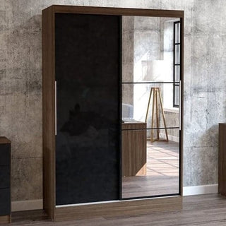 The CHOICEWARDROBE Lynn 133cm Walnut & Black Mirrored Sliding Door Wardrobe features a modern two-tone design, hanging rail, and adjustable shelves—ideal for stylish bedroom storage.