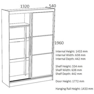 Line drawing of the CHOICEWARDROBE Lynn 133cm Walnut & Black Mirrored Sliding Door Wardrobe, featuring a modern two-tone design, hanging rail, and adjustable shelves. Dimensions: 1320mm W x 540mm D x 1960mm H.