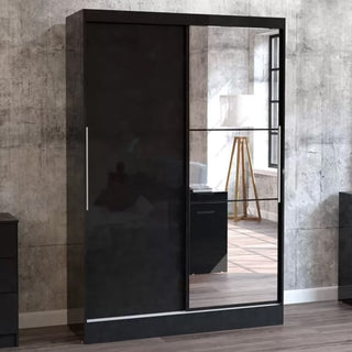 ChoiceWardrobe Lynn 2 Door Sliding Wardrobe in black high gloss finish with full mirrored panel – sleek modern design for contemporary bedrooms.