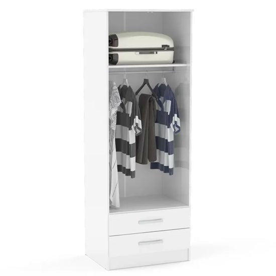 White two-door wardrobe interior with hanging rail and shelf above two drawers