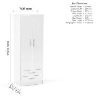 Full dimension chart of Lynn 2 Door White High Gloss Wardrobe with drawers – compact and space-efficient design.