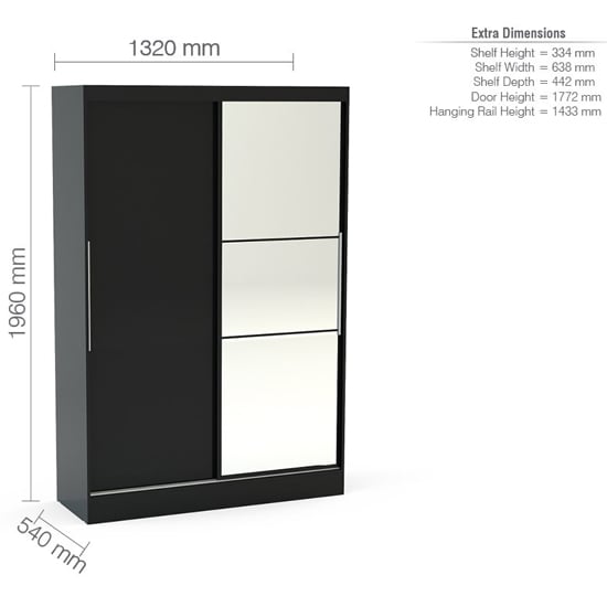 Black high gloss 2-door sliding wardrobe with mirrored doors, showing width 1320mm, height 1960mm, depth 540mm.