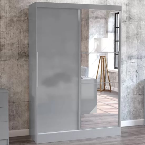 Grey high gloss 2 door sliding wardrobe with mirrored door