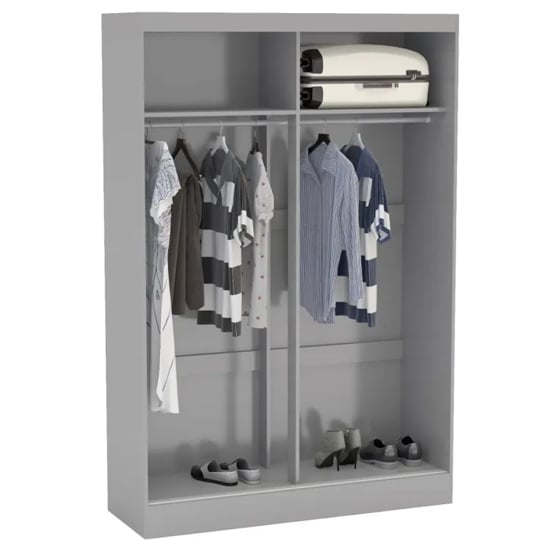 Interior of grey high gloss 2-door sliding wardrobe showing hanging rail and top shelf