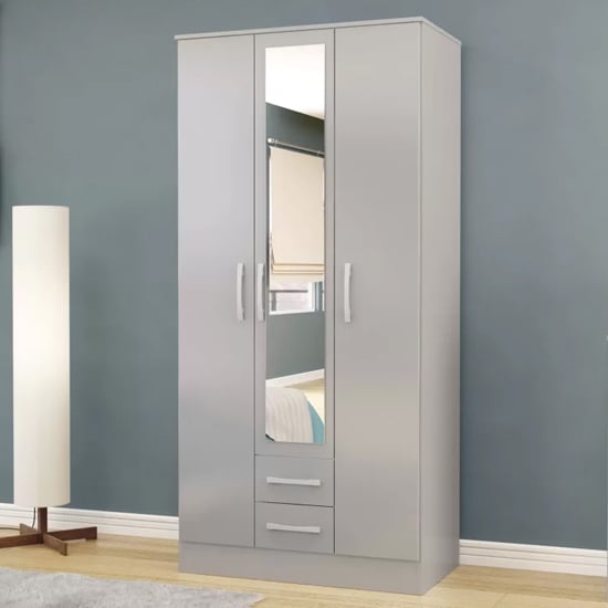 Grey 3-door wardrobe with full-length mirror panel and two visible drawers