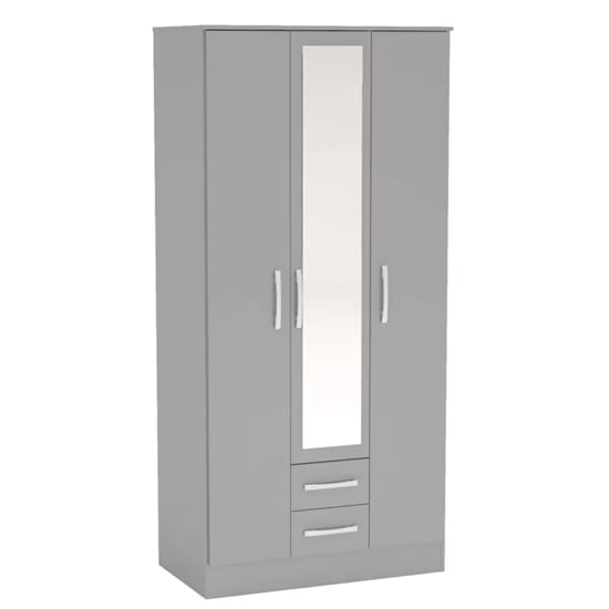 Grey 3 door wardrobe with central mirrored door and two drawers