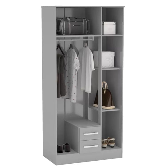 Lynn 3-door grey wardrobe internal layout showing hanging rail, shelves, and drawers